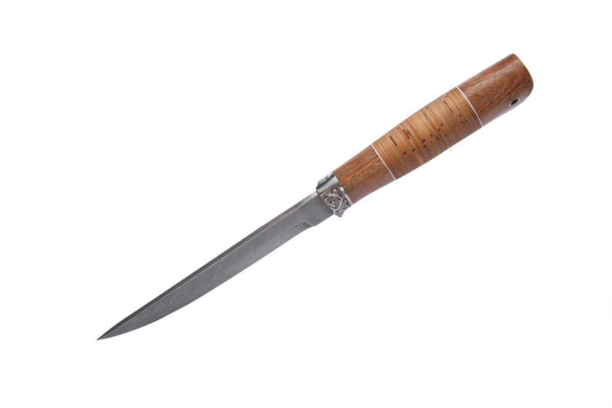 Нож Ирбис (дамасская сталь), береста, дерево