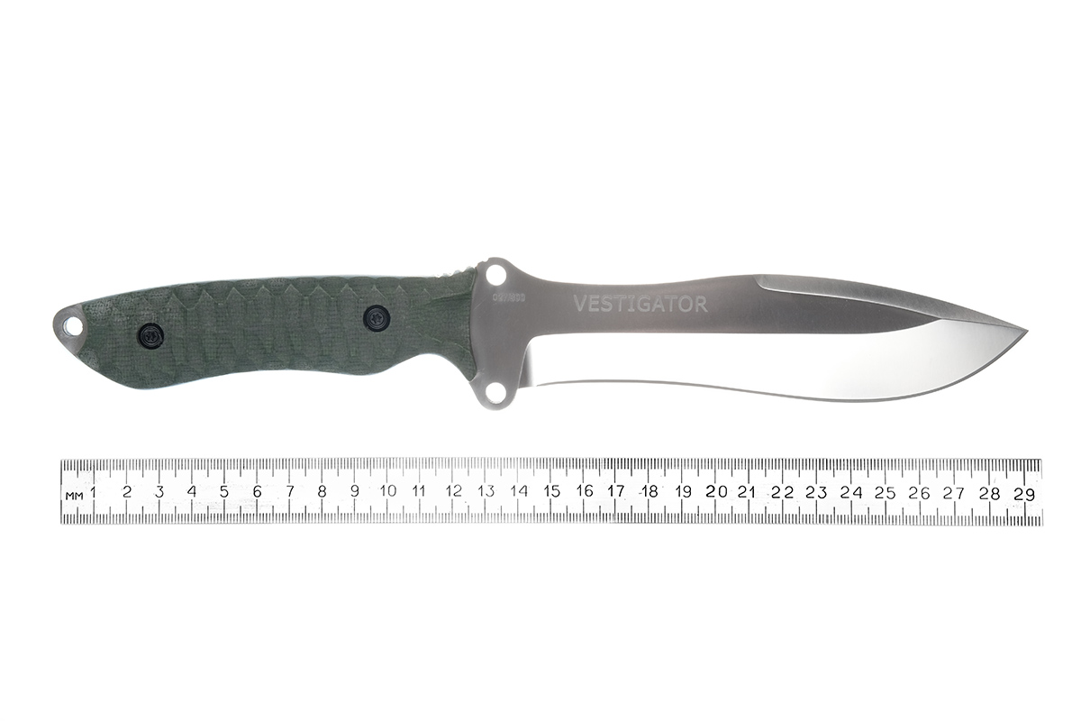 Нож Вестигатор ц.м., сталь 95х18, зеленая микарта, ножны оксфорд