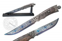 Нож "Осетр" (мозаичный ламинат), рукоять- стабилизированная карельская береза, притины- дамасск