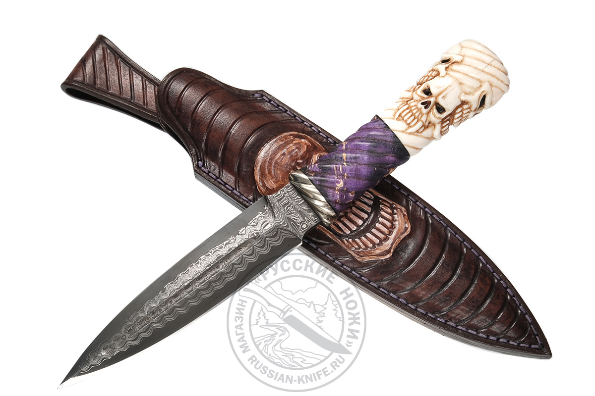 Нож "Спираль" (ламинат Федотова), рукоять - стаб. кап клена, нейзильбер, клык моржа, мастер В. Пашолок