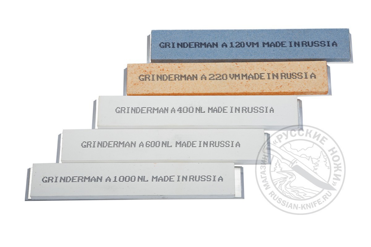 Фотография, картинка, - Набор 5 камней GRINDERMAN 25х6х152мм из оксида алюминия (F120, F220, F400, F600, F1000) на бланках