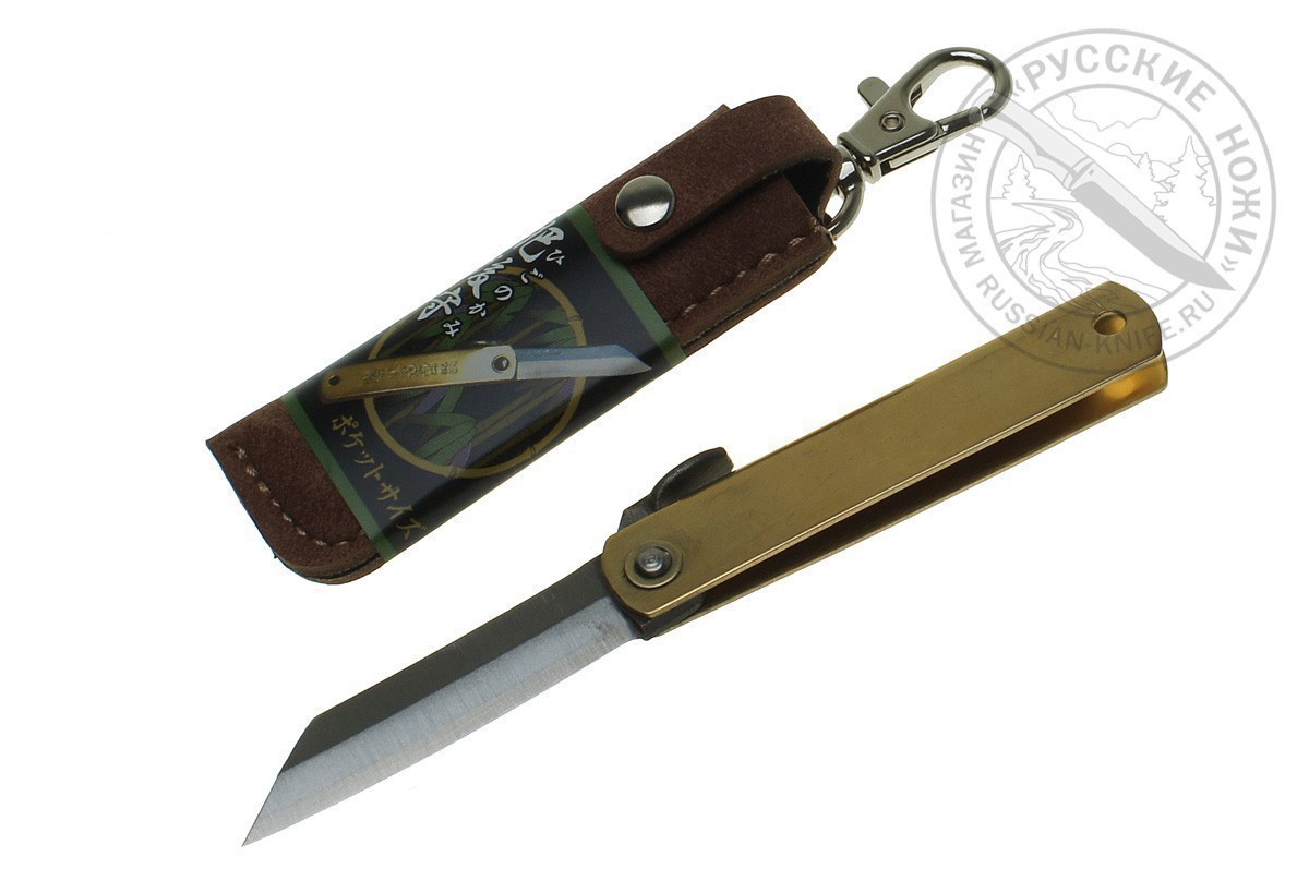Фотография, картинка, Нож складной HKA-50BW, Higonokami, 50 мм, (сталь "Aogami") 3 слоя, латунь, чехол коричневый